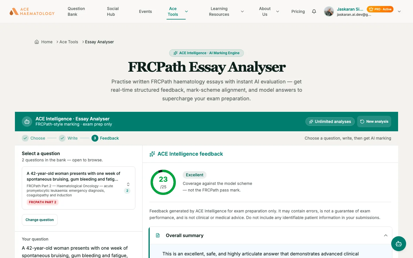 AceHaematology AI Essay Analyser feedback screen