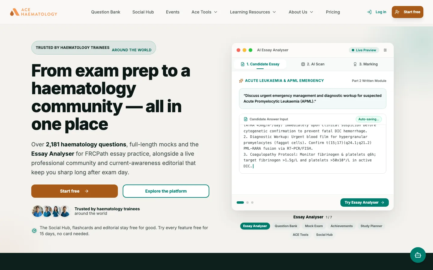 AceHaematology homepage with a live Essay Analyser preview