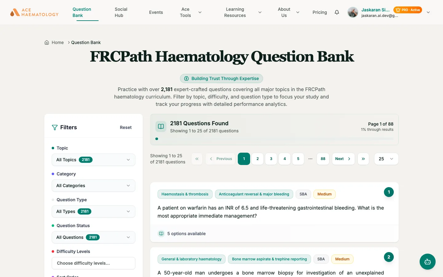 AceHaematology question bank with filters and practice questions