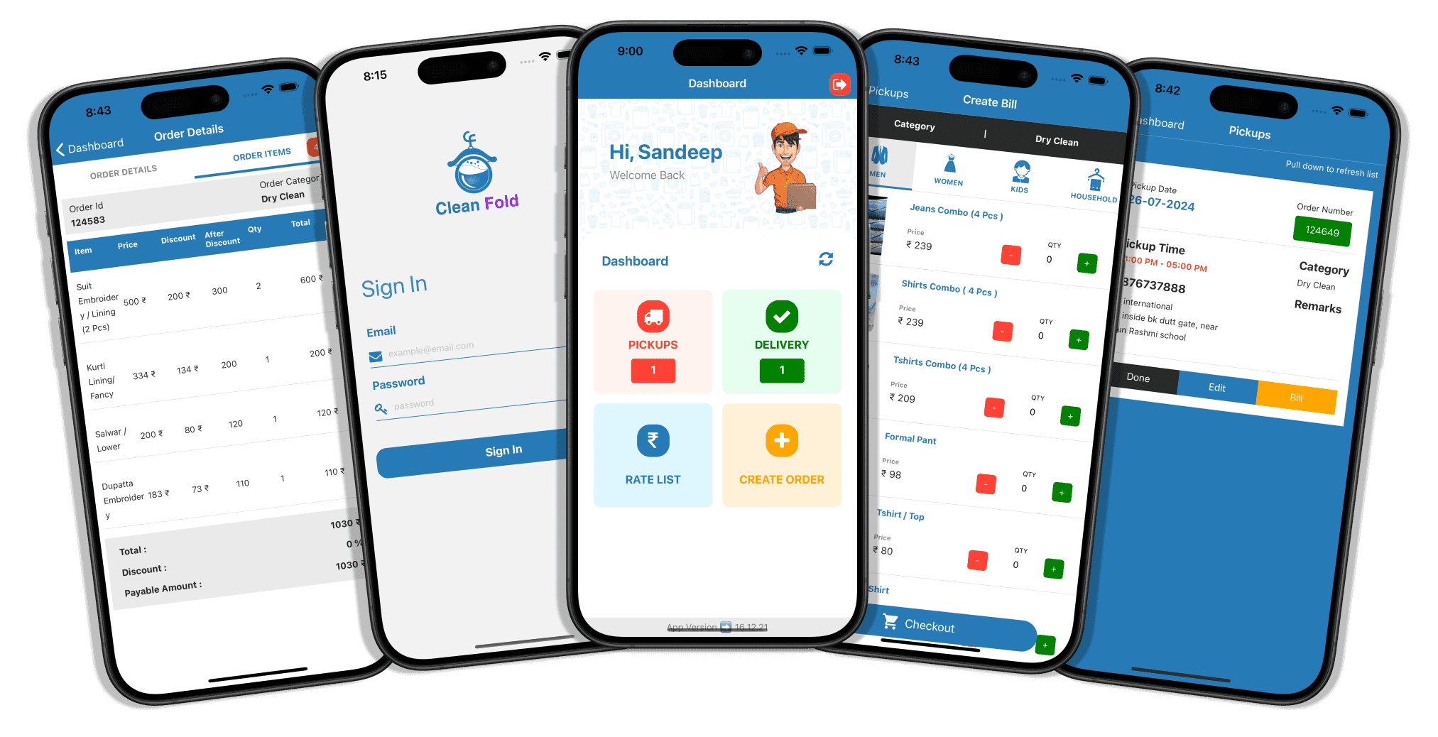 CleanFold mobile app screens