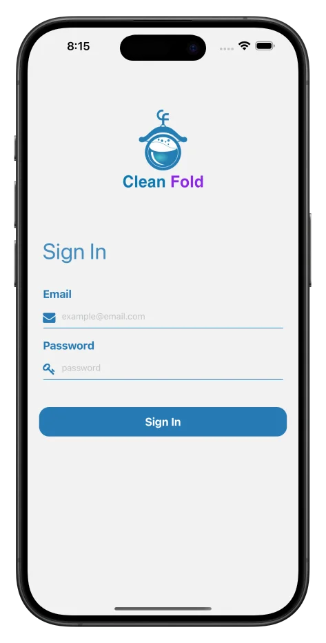 CleanFold mobile login screen