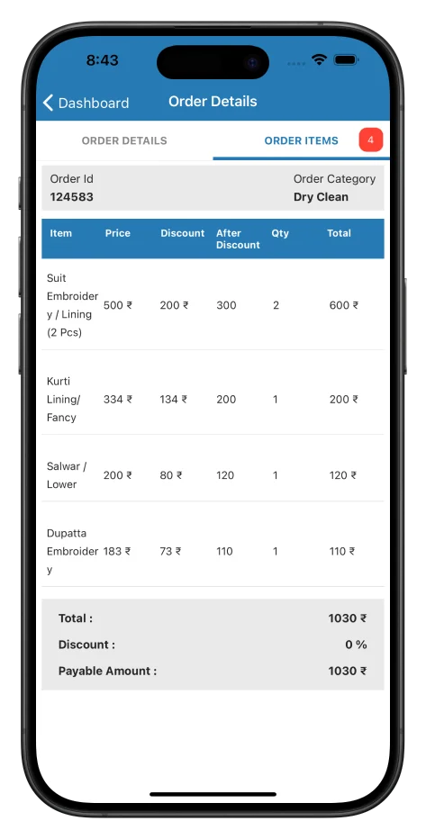 CleanFold order details screen