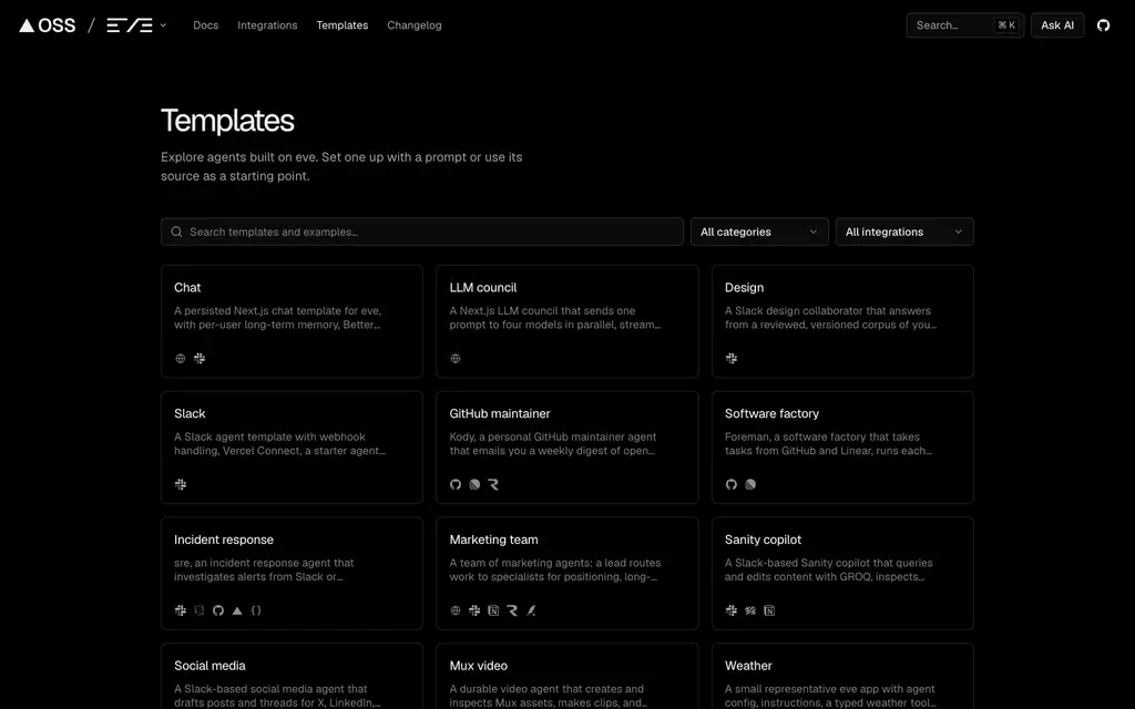 The eve.dev templates gallery: Chat, LLM council, Design, Slack, GitHub maintainer, Software factory, Incident response, Marketing team, Sanity copilot, Social media, Mux video — each a starting repo, not a demo.
