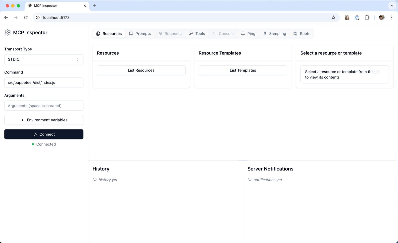 The MCP Inspector connected to a local server — the fastest way to test your tools before shipping them to real clients.