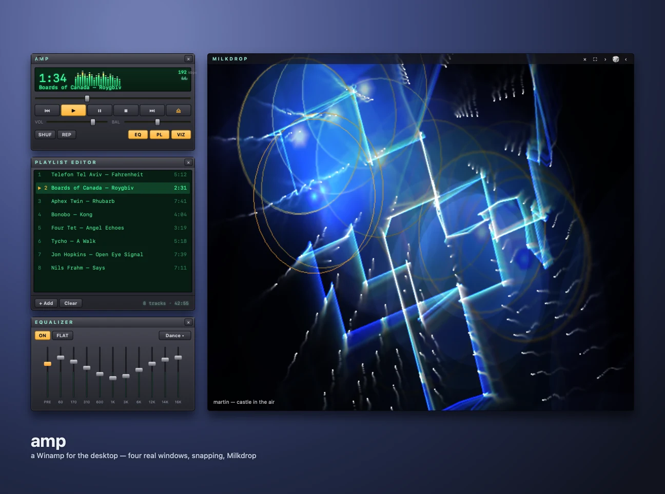 amp — a Winamp-style desktop player with playlist, 10-band EQ, visualizers and a podcast deck, each pane a real native window.