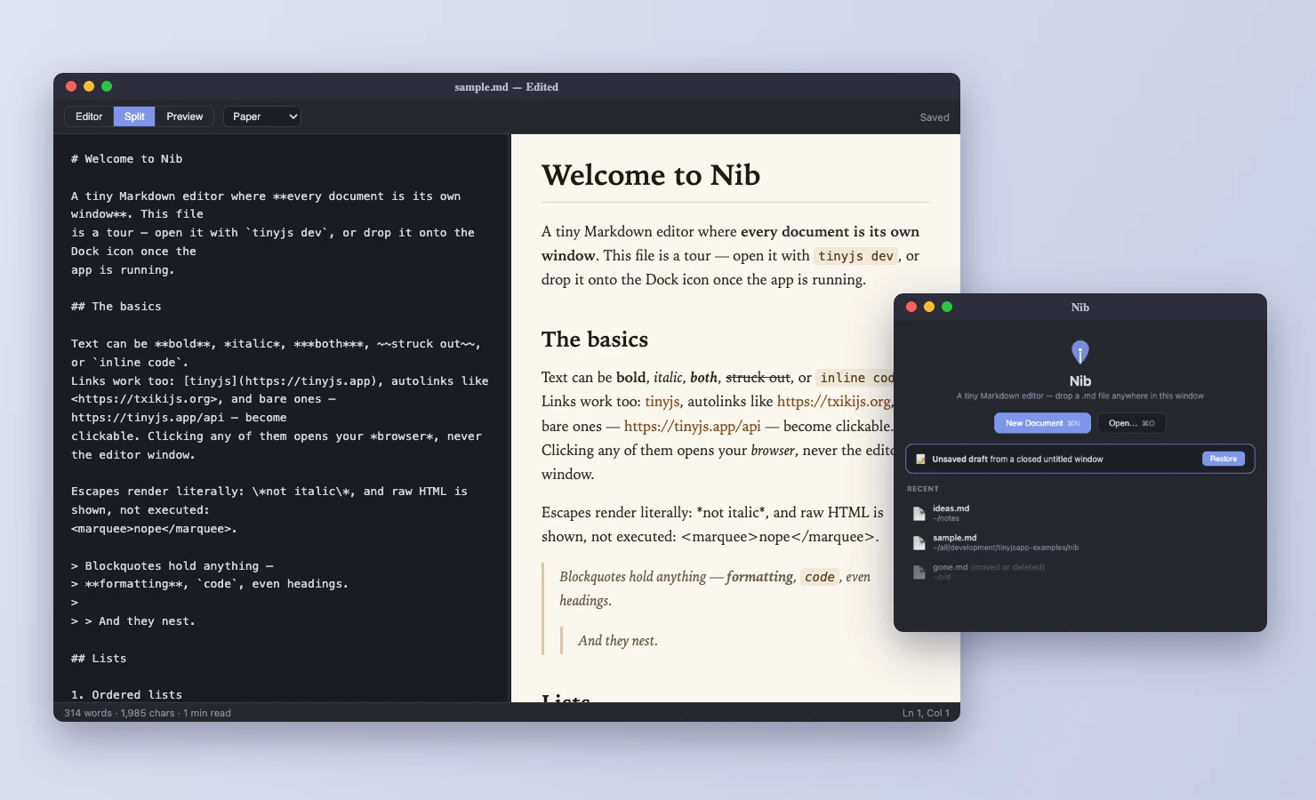 Nib — a Markdown editor with an editor and preview split, one window per document.