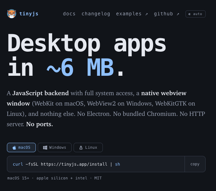 The tinyjs.app homepage: "Desktop apps in ~6 MB." — a JavaScript backend with full system access, a native webview window (WebKit on macOS, WebView2 on Windows, WebKitGTK on Linux), and nothing else. No Electron. No bundled Chromium. No HTTP server. No ports.