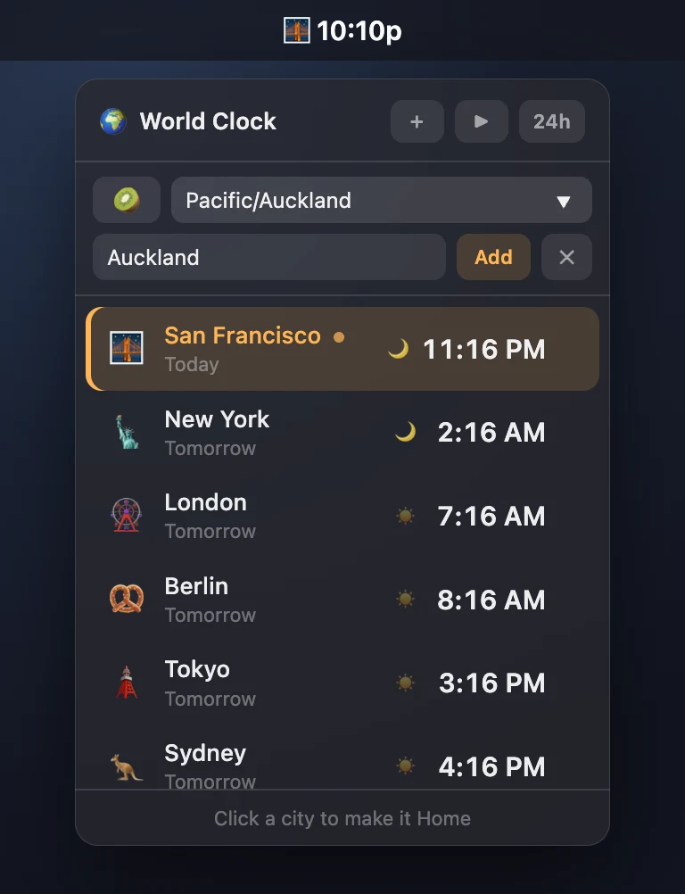 World Clock — a menu-bar panel listing cities with their live times, ticking in the tray.